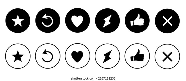 Icon-Set für Anwendungs-Websites. Schaltflächen: Pfeil, wie Herz, Daumen hoch, Kreuz, Stern. Vektorgrafik.
