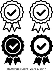 Icon Set von zugelassenen, zertifizierten Medaillen, Abzeichen. Dünne Zeilensymbole, flache Vektorgrafiken einzeln auf weißem, transparentem Hintergrund