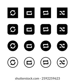 Icon set, arrow symbols, minimalist design,
black and white, geometric shapes, refresh
icon, share icon, reply icon, shuffle, square, rounded, circular, user
interface elements,