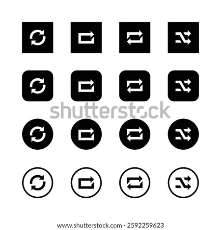 Icon set, arrow symbols, minimalist design,
black and white, geometric shapes, refresh
icon, share icon, reply icon, shuffle, square, rounded, circular, user
interface elements,