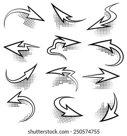 Icon set of arrows with half-tone shadows. Isolated on white background.