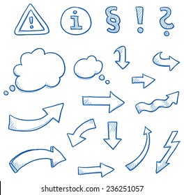 Icon set arrwos & signs with differnet arrows, thought bubble signs, question mark,hand drawn vector doodle