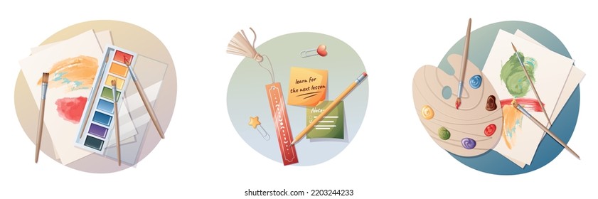 Icon set and art supplies: paint  palette  brushes  Sticky Notes  Illustration for school  office  education  study  Vector cartoon illustration 