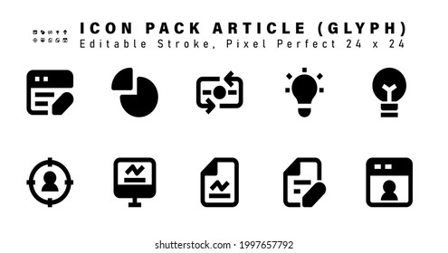 Icon Set of Article Glyph Icons. Contains such Icons as Ideas, Goal, Computer, Report etc. Editable Stroke. 24 x 24 Pixel Perfect