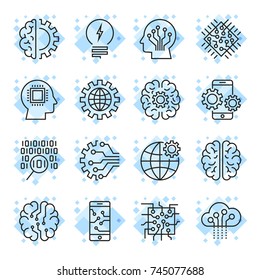 Icon set for artificial intelligence ai concept various symbols. For web, sites, mobile applications and other. Techno, online design, business, gui, ui. Editable Stroke