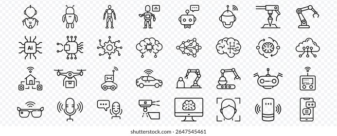 icon set of artificial intelligence, robotics automation, neural networks, machine learning, smart devices, chatbots, facial recognition, voice assistant, Icons of Robotics, Artificial Intelligence