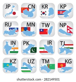 Icon set of Asian countries.
1. Japan, China, S. Korea, N. Korea,
2. Russia, Mongolia, Taiwan, Nepal,
3. India, Pakistan, Iran. Tajikistan
4.Kazakhstan, Uzbekistan, Turkmenistan, Kirghizstan