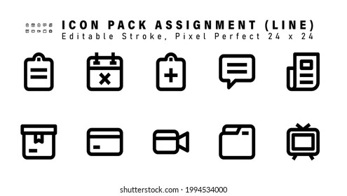 Conjunto de iconos de línea de asignación. Contiene iconos como periódicos, archivo, tarjeta de crédito, video, etc. Editable Stroke. 48x48 Perfecto para píxeles