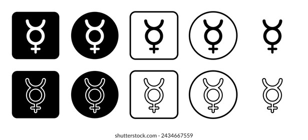 Icon set of astrological mercury symbol. Filled, outline, black and white icons set, flat style.  Vector illustration on white background