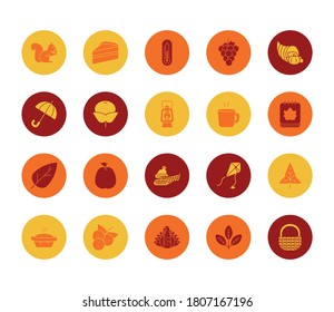 icon set of autumn and berries over white background, block style, vector illustration