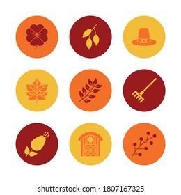 conjunto de iconos de sombrero de otoño y peregrino sobre fondo blanco, estilo de bloque, ilustración vectorial
