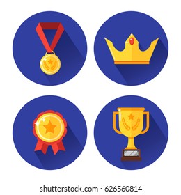 Icon set of awards and victory in flat style. Champion cup, crown, medal, badge ribbon. Round icons with long shadow. Vector illustration, EPS10.