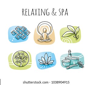 Icon set of ayurveda spa symbols of yoga, herbs and plants. Hand drawn cartoon sketch vector illustration, marker style coloring on tiles. 
