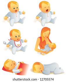 Icon Set - Babies Cry, Smile, Eat, Sleep, Breast-feeding. Vector Illustration. More Of The Series In Portfolio.