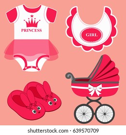 Icon set baby bib, bodysuit, slippers for a girl and baby carriage. Vector illustration.