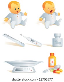 Icon set - baby cry, smile. Thermometer, scales, meter, pills, syrup - medicines. Vector illustration. More of the series in portfolio.