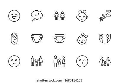Icon set of baby. Editable vector pictograms isolated on a white background. Trendy outline symbols for mobile apps and website design. Premium pack of icons in trendy line style.