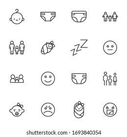 Icon set of baby. Editable vector pictograms isolated on a white background. Trendy outline symbols for mobile apps and website design. Premium pack of icons in trendy line style.