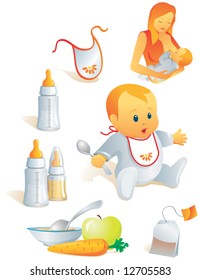 Icon set - baby feeding. Breast-feeding, bib, nursing-bottle, solid food, tea-bag. Vector illustration. More of the series in portfolio.