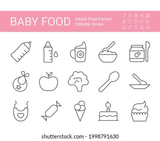 Icon set with baby food. Editable vector stroke. 64x64 Pixel Perfect.