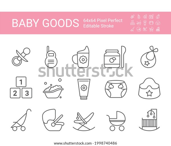 Icon set with baby goods. Editable vector\
stroke. 64x64 Pixel\
Perfect.