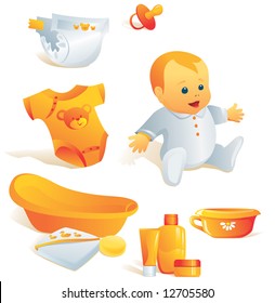 Icon set - baby hygiene. Bath, towel, sponge, bodysuit, nappy, cosmetics, pacifier, pot. Vector illustration. More of the series in portfolio.