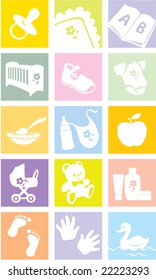 Icon set - baby shopping, clothes, shoes, books, furniture, toys, feeding, pushchairs, cosmetics, bath, hygiene, accessories, bedding.  Vector illustration