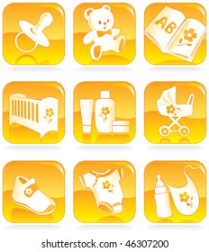 Icon set - baby shopping, clothes, shoes, books, furniture, toys, feeding, pushchairs, cosmetics, hygiene, accessories.  Vector illustration