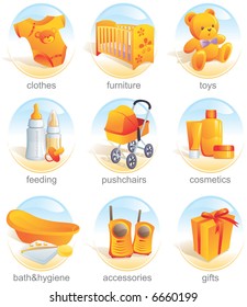 Icon set - baby shopping, clothes, furniture, toys, feeding, pushchairs, cosmetics, bath, hygiene, accessories, gifts. Aqua style. Vector illustration