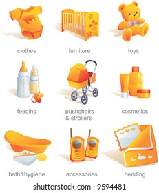 Icon set - baby shopping, clothes, furniture, toys, feeding, pushchairs, cosmetics, bath, hygiene, accessories, bedding. Aqua style. Vector illustration