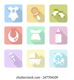 Icon set. Baby soother, socks, beanbag, bodykit, dress, carriage, bear toy