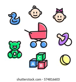 Icon set for baby. Toy vector icons. Playground sign. Children plaything symbol. Vector concept illustration for design.