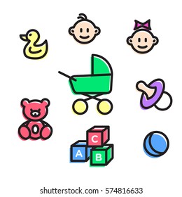 Icon set for baby. Toy vector icons. Playground sign. Children plaything symbol. Vector concept illustration for design.