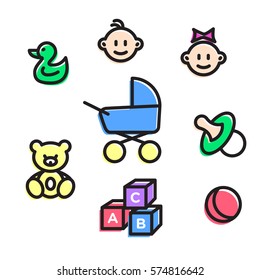 Icon set for baby. Toy vector icons. Playground sign. Children plaything symbol. Vector concept illustration for design.