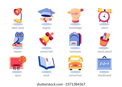 Icon set back to school in flat cartoon style. This artwork showcases collection of colorful icons designed in delightful design, all centered around the theme of back to school. Vector illustration.