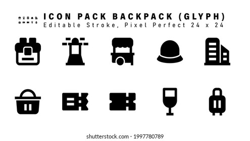 Icon Set of Backpack Glyph Icons. Contains such Icons as Hotel, Bag, Ticket, Coupon etc. Editable Stroke. 24 x 24 Pixel Perfect