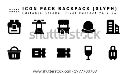Icon Set of Backpack Glyph Icons. Contains such Icons as Hotel, Bag, Ticket, Coupon etc. Editable Stroke. 24 x 24 Pixel Perfect