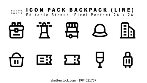 Icon Set of Backpack Line Icons. Contains such Icons as Hotel, Bag, Ticket, Coupon etc. Editable Stroke. 48x48 Pixel Perfect