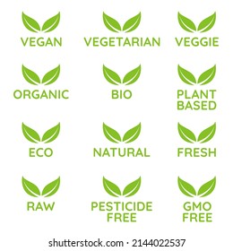 Icon set, badges for sustainable products like healthy food, cosmetics, personal hygene.