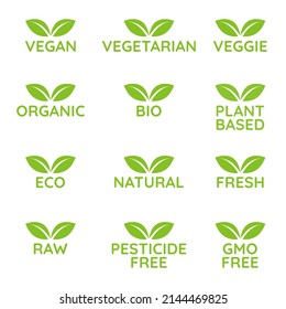 Icon set, badges for sustainable products like healthy food, cosmetics, personal hygene.