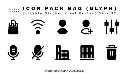 Icon Set of Bag Glyph Icons. Contains such Icons as Music, Mic, Silent, Library etc. Editable Stroke. 32 x 32 Pixel Perfect