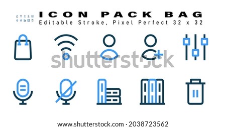 Icon Set of Bag Two Color Icons. Contains such Icons as Music,  Mic, Silent, Library etc. Editable Stroke. 32 x 32 Pixel Perfect