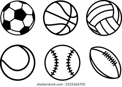 Icon set of balls used in soccer baseball football basketball volleyball tennis rugby sports . Thin line icons flat vector illustrations isolated on white transparent background