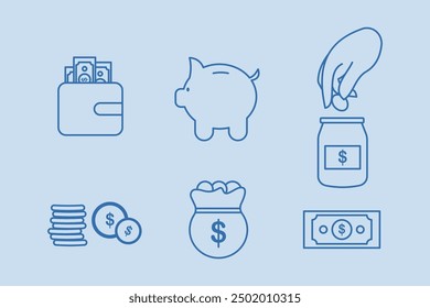 Icon set of banking, money, savings. Outline illustration blue color