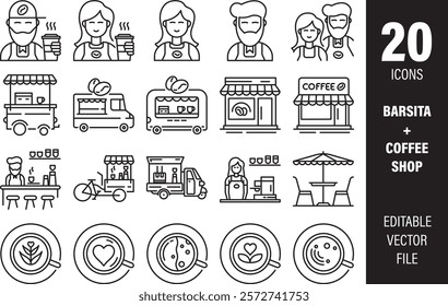  Icon Set barista coffee shop, editable stroke, vector illustration