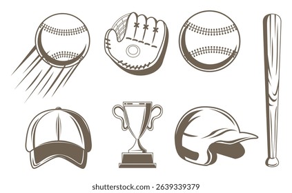 Icon Set of Baseball Equipment Featuring Various Elements of the Sport like Bats and Balls