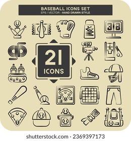 Juego de iconos de béisbol. relacionado con el símbolo Sport. estilo dibujado a mano. diseño simple editable. ilustración simple