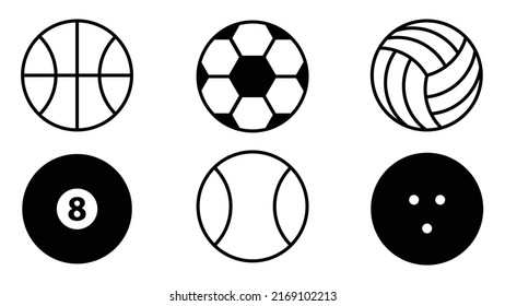 icon set of basketball, volleyball, tennis, bowling, billiard, soccer, football, baseball. simple outline icon for web design. icon set about sports or hobbies