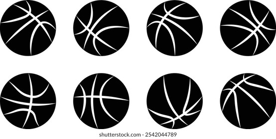 Icon set of Basketballs black and white 2d illustration on black background.