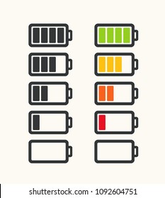 Icon set of batteries with different degree of energy charge. Battery black color; black battery with color scale charge power.
